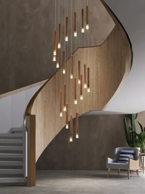 LED Chandelier Walnut Log Staircase Ceiling Chandelier Living Room Villa Hall Pendant lamp Spiral Duplex Design Lighting Fixtuer 1