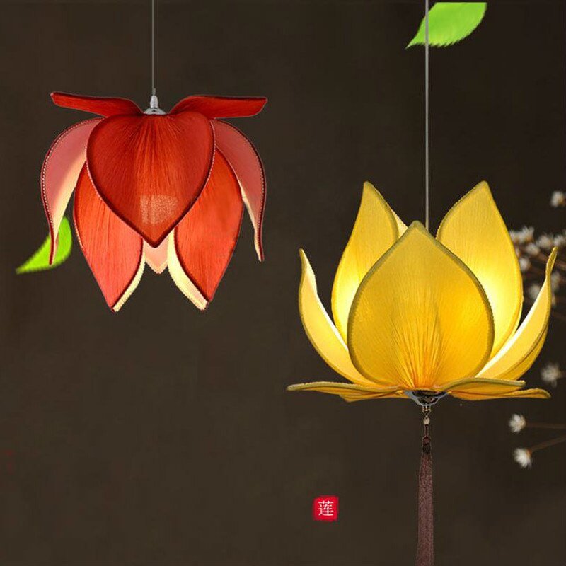 Chinese Style Fabric Lotus Pendant Lamp for Temple Hall Living Room Kitchen Island Aesthetic Room Decorator Lighting Appliance 1