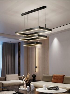 Modern Rectangle Led Chandelier With Rope For Living Room Dining Room Kitchen Bedroom Black Ceiling Pendant Lamp Hanging Light 1