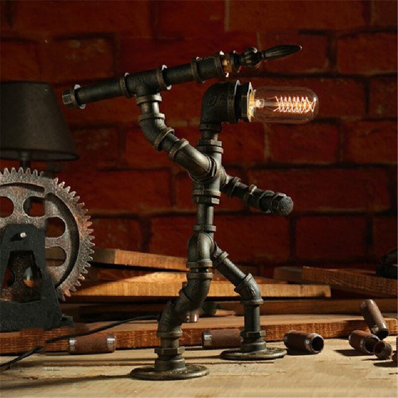 Vintage Table Lamp Robot Iron Pipe Desk Lamp Led Table Lamps For Bedroom Bedside Loft Home Decor Lighting Industrial Fixtures 6