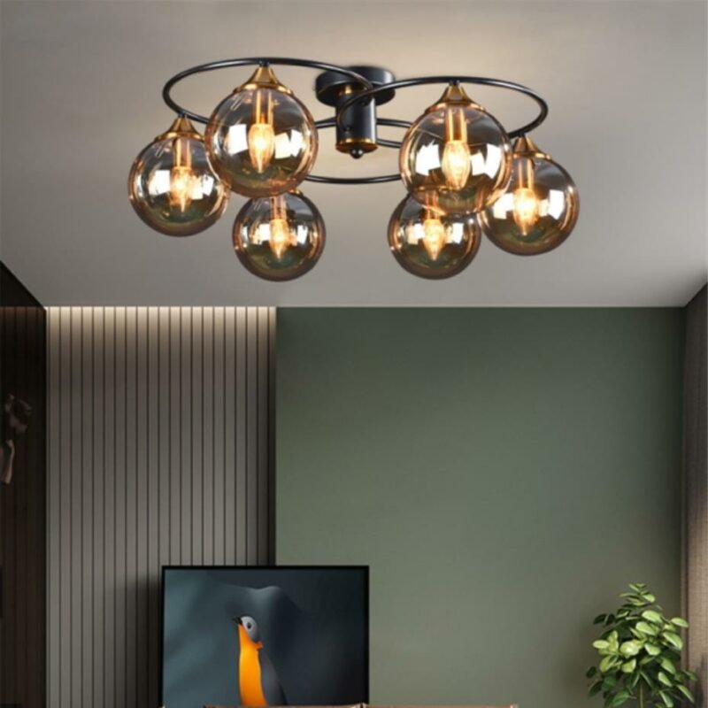 Industrial Chandelier Smoky Gray Amber Glass Lamp Foyer Restaurant Room Art Design Nordic Loft Lamp Metal E14 Black Chandelier 5
