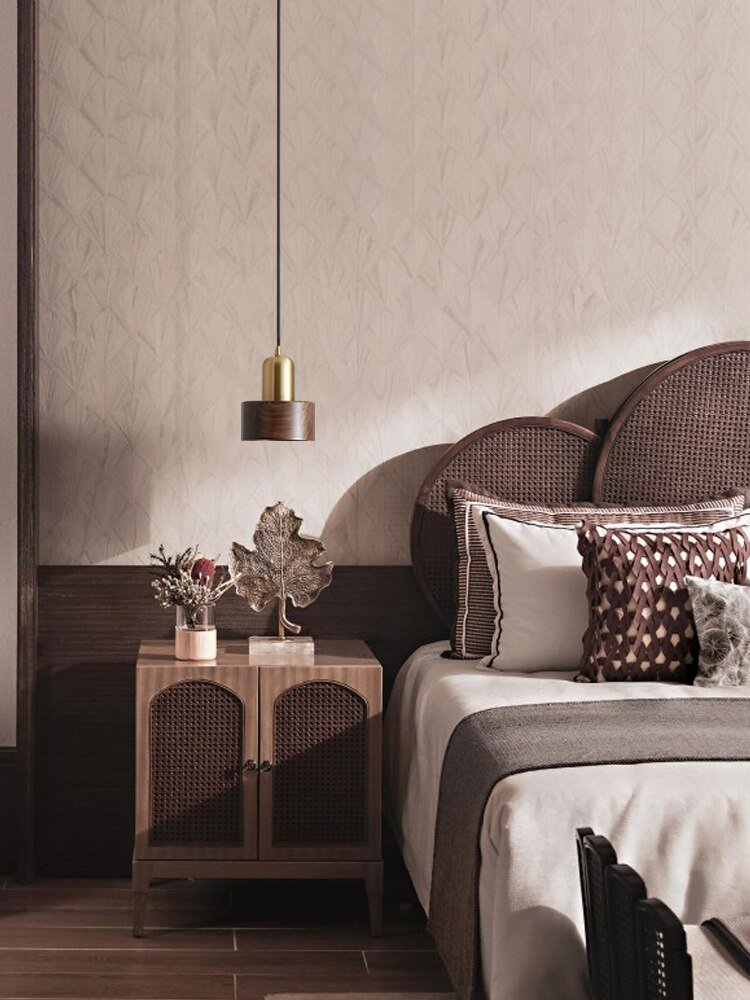 Simple bedside retro bedroom small pendant light brass walnut bar table restaurant pendant lamp 5