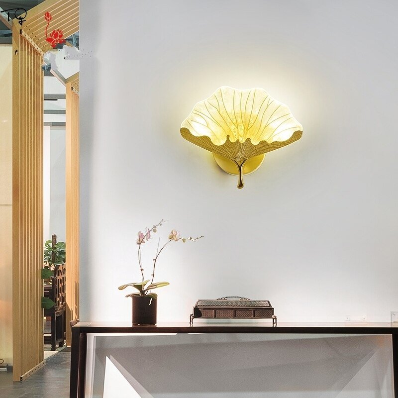 Chinese Individual Modern Designer Copper Gingko Leaf Wall Lamp Led Flower Lights Decor Home Living Room Aisle Bedroom Bedside 3